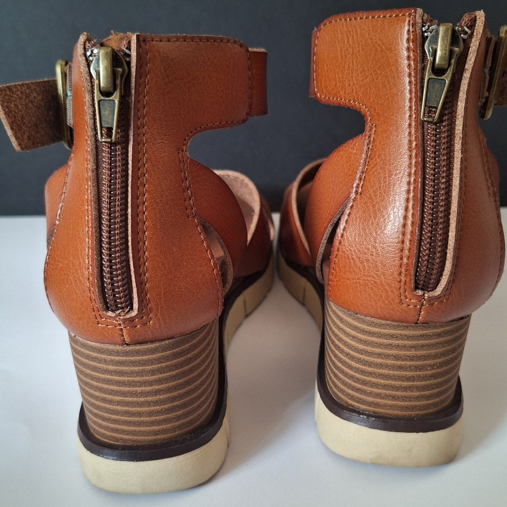 MIA Women's Lauri Wedge Strap Zip Up Cognac Tan Sandals Size 7 - Picture 7 of 8